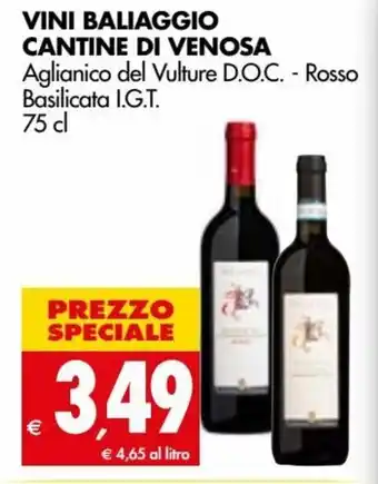 Tigros Cantine Di Venosa Vino Baliaggio Aglianico del Vulture D.O.C. - Rosso Basilicata I.G.T. 75 cl offerta