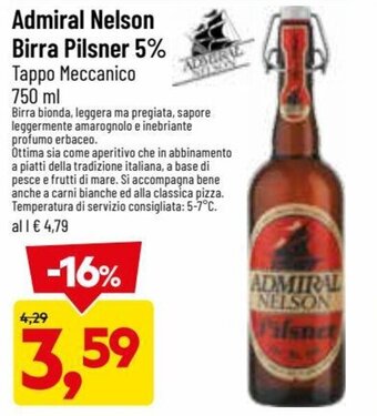 DPiù Admiral Nelson Birra Pilsner 5% Tappo Meccanico 750 ml offerta