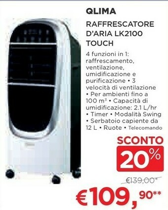 Coop Qlima LK2100 Condizionatore A Evaporazione Raffrescatore Evaporativo offerta