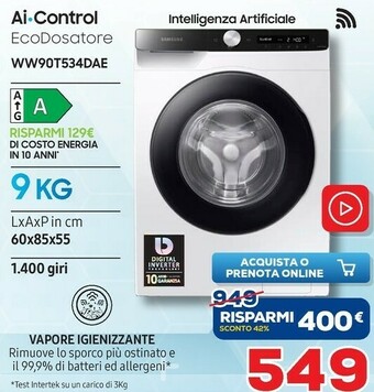 Euronics Samsung WW90T534DAE 9 Kg Ecodosatore Ai Control Libera Installazione Caricamento Frontale 1400 Giri/min Bianco offerta