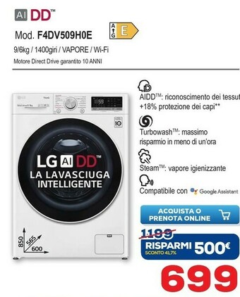 Euronics LG F4DV509H0E Lavasciuga Libera Installazione Caricamento Frontale Bianco E offerta