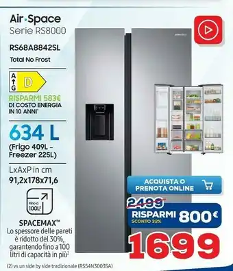 Euronics Samsung RS68A8842SL Frigorifero Side-by-side Libera Installazione 609 L D Grigio offerta