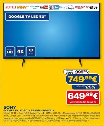 Euronics Google tv led 50'''- bravia kd50x81k sonny offerta