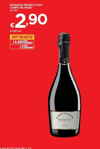 Bennet Spumante prosecco doc campo del passo ml 750 offerta