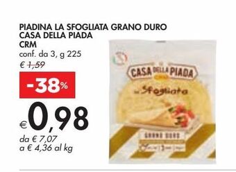 Bennet Piadina la sfogliata grano duro casa della piada crm conf da 3 g 225 offerta