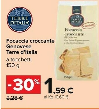 Carrefour Terre d'Italia Focaccia Croccante Genovese 150 G(ml) offerta
