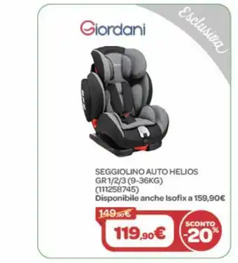 Bimbo Store Seggiolino auto helios gr 1-2-3 (9-36 kg) offerta