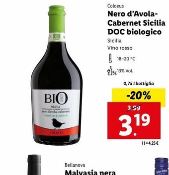 Lidl Nero d'avola cabernet sicilia doc biologico offerta
