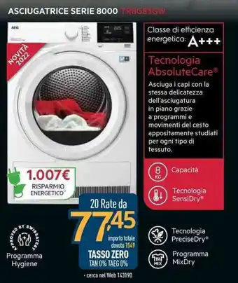 Sinergy AEG Asciugatrice Serie 8000 TR8G83GW offerta