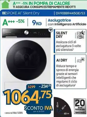 Sinergy Samsung Bespoken Ai Silent Dry DV90BB9445GE/S3 offerta