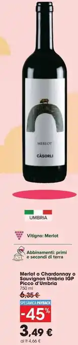 Carrefour Market Merlot o chardonnay o savignon ubria igp picco d'umbria 750 ml offerta