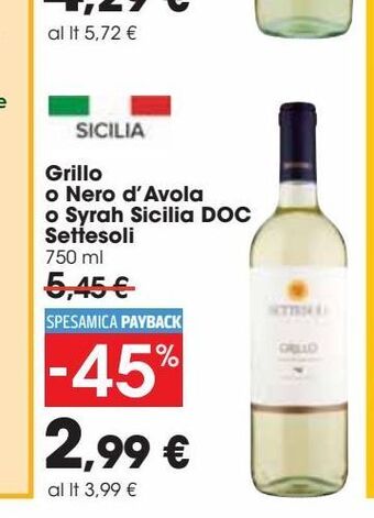 Carrefour Market Grillo o nero d'avola o syrah sicilia doc settesoli offerta
