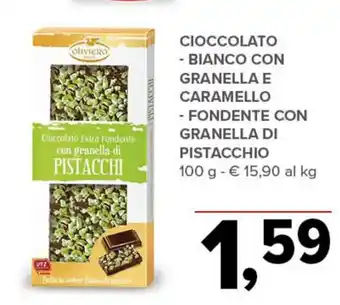 Todis Oliviero Cioccolato Bianco con granella e caramello/ fondente con granella di pistacchio 100 g offerta