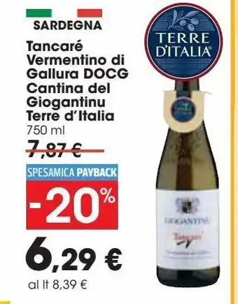 Carrefour Iper Tancarè vermentino di gallura docg cantina del giogantinu terre d'italia offerta