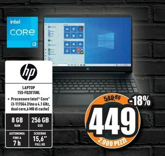 Unieuro HP 15s-fq2015nl DDR4-SDRAM Computer Portatile 39,6 Cm (15.6") 1920 X 1080 Pixel Intel® Core™ I3 Di Undicesima Generazione 8 G offerta