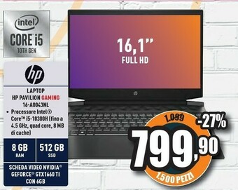 Unieuro HP Pavilion Gaming 16-a0043nl DDR4-SDRAM Computer Portatile 40,9 Cm (16.1") 1920 X 1080 Pixel Intel® Core™ I5 Di Decima Gener offerta