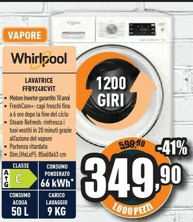 Whirlpool FFB 9248 CV IT Lavatrice Libera Installazione Caricamento  Frontale 9 Kg 1200 Giri/min C Bianco offerta di Unieuro