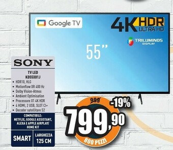 Unieuro Sony BRAVIA KD55X81J - Smart Tv 55 Pollici, 4k Ultra HD LED, HDR, Con Google TV (Nero, Modello 2021) offerta