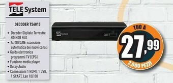 Unieuro TELE System TS6815 Ethernet (RJ-45), Terrestre Full HD Nero offerta