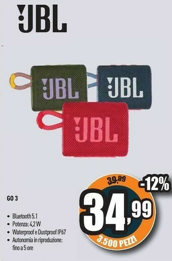 Unieuro Jbl GO 3 Verde 4,2 W offerta