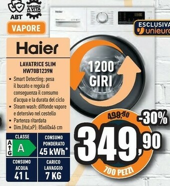 Unieuro Haier HW70-B1239N Lavatrice Libera Installazione Caricamento Frontale Bianco 7 Kg 1200 Giri/min A+++-30% offerta