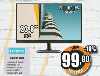 Unieuro Lenovo D24-20 60,5 Cm (23.8") 1920 X 1080 Pixel Full HD LED Nero offerta