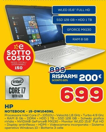 Euronics HP 15-dw1040nl DDR4-SDRAM Computer Portatile 39,6 Cm (15.6") 1920 X 1080 Pixel Intel® Core™ I7 Di Decima Generazione 8 GB 112 offerta