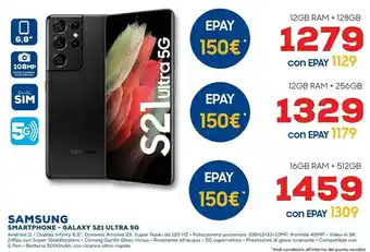 Euronics Proximus Galaxy Samsung S21 Ultra 17,3 Cm (6.8") Doppia SIM Android 11 5G USB Tipo-C 12 GB 128 GB 5000 MAh Nero offerta