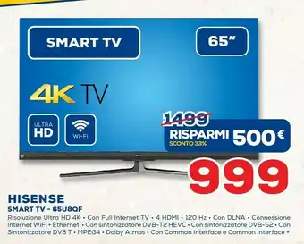 Euronics Hisense U8QF 65U8QF TV 163,8 Cm (64.5") 4K Ultra HD Smart TV Wi-Fi Nero, Grigio, Metallico offerta
