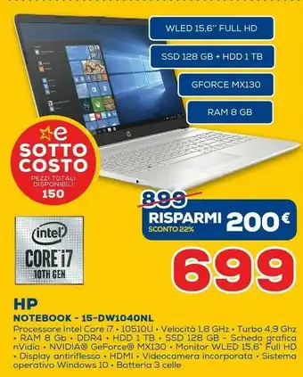 Euronics HP 15-dw1040nl DDR4-SDRAM Computer Portatile 39,6 Cm (15.6") 1920 X 1080 Pixel Intel® Core™ I7 Di Decima Generazione 8 GB 112 offerta