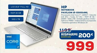 Euronics HP Pavilion 15-eg0014nl DDR4-SDRAM Computer Portatile 39,6 Cm (15.6") 1920 X 1080 Pixel Intel® Core™ I7 Di Undicesima Generaz offerta