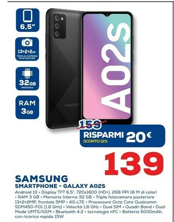 Euronics Samsung Galaxy A02s 32 GB Display 6.5" HD+ TFT LCD Black offerta