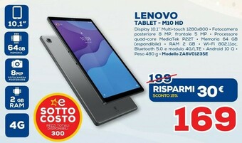 Euronics Lenovo Tab M10 HD 64 GB 25,6 Cm (10.1") 4 GB Wi-Fi 5 (802.11ac) Android 10 Grigio offerta