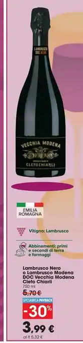 Carrefour Market Lambrusco nero lambrusco di modena doc vecchia modena cieto chiarli 750 ml offerta