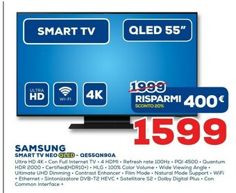 Euronics Samsung TV Neo QLED 4K 55” QE55QN90A Smart TV Wi-Fi Titan Black 2021 offerta