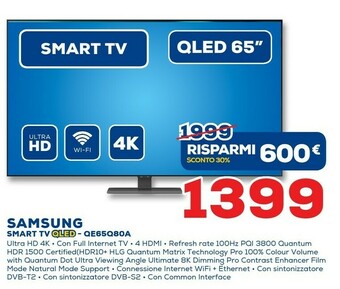 Euronics Samsung Series 8 TV QLED 4K 65” QE65Q80A Smart TV Wi-Fi Carbon Silver 2021 offerta