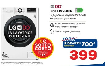 Euronics LG F4WV310S6E Lavatrice Libera Installazione Caricamento Frontale 10,5 Kg 1400 Giri/min B Bianco offerta