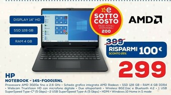 Euronics HP 14s-fq0015nl DDR4-SDRAM Computer Portatile 35,6 Cm (14") 1366 X 768 Pixel AMD Athlon 4 GB 128 GB SSD Wi-Fi 5 (802.11ac) Wi offerta