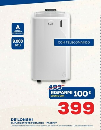 Euronics De Longhi Climatizzatore Portatile Pacem77 offerta