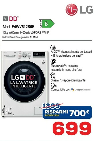 LG F4WV512S0E Lavatrice Libera Installazione Caricamento Frontale 12 Kg 1400 Giri/min B Bianco