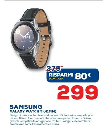 Euronics Samsung Galaxy Watch3 Smartwatch Bluetooth, Cassa 41mm Acciaio, Cinturino Pelle, Saturimetro, Rilevamento Cadute, Monitoraggi offerta
