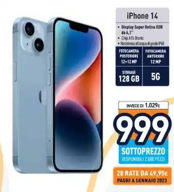 Unieuro iPhone 14 Display Super Retina XDR da 6.1" 128 GB 5 G offerta