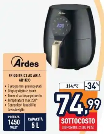 Unieuro Ardes Friggitrice AD Aria AR1K33 1450Watt 5L offerta