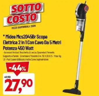 Midea Mcs2045Br Scopa Elettrica 2 in 1 Con Cavo Da 5 Metri Potenza 450 Watt