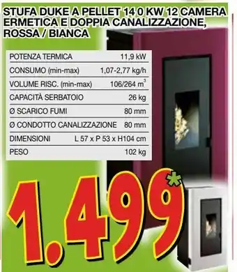 Mondo Brico Stufa duke a pellet 14.0 kw 12 camera ermetica doppia canalizzazione rossa/bianca offerta