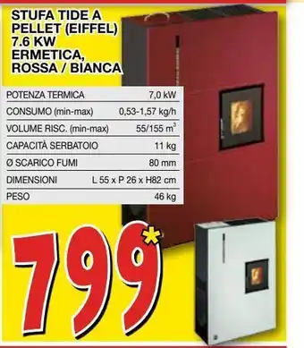 Mondo Brico Stufa tide a pellet (eiffel) 7.6 kw ermetica rossa/bianca offerta