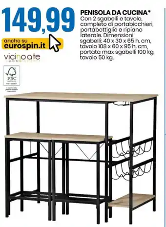 Penisola Da Cucina Con 2 Sgabelli E Tavolo Sgabelli 40x30x65 h. cm, Tavolo 108x60x95 h. cm