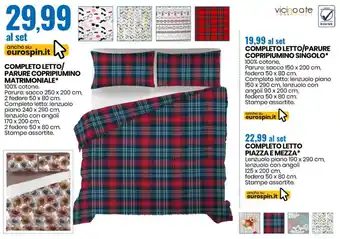 Eurospin Completo Letto Parure Copripiumino Matrimoniale/Singolo/Completo Letto Piazza Emezza offerta
