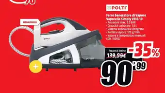 MediaWorld Polti Ferro Generatore di Vapore Vaporella Simply VS10.10 offerta