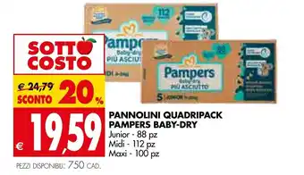 Tigros Pampers Baby-Dry Pannolini Quadripack Junior - 88 pz, Midi - 112 pz, Maxi - 100 pz offerta